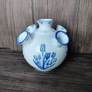 Delft Royal Tichelaar Ter Steege Tulip Vase, Hand-Painted Dutch Blue White Multi